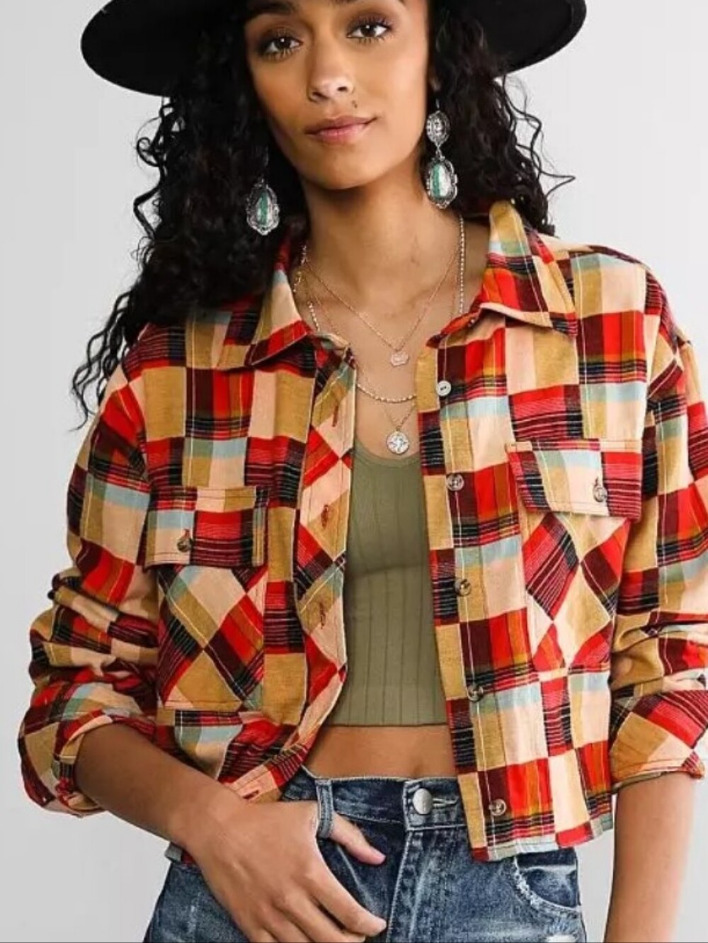 Gilded Intent Red, Tan & Black Plaid Cropped Jacket Size Medium Cowgirl Chic